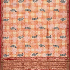 Peach Handloom Tussar Silk Saree Printed With Checks & Mango Motifs