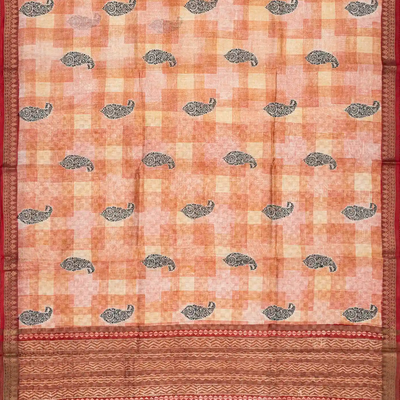 Peach Handloom Tussar Silk Saree Printed With Checks & Mango Motifs