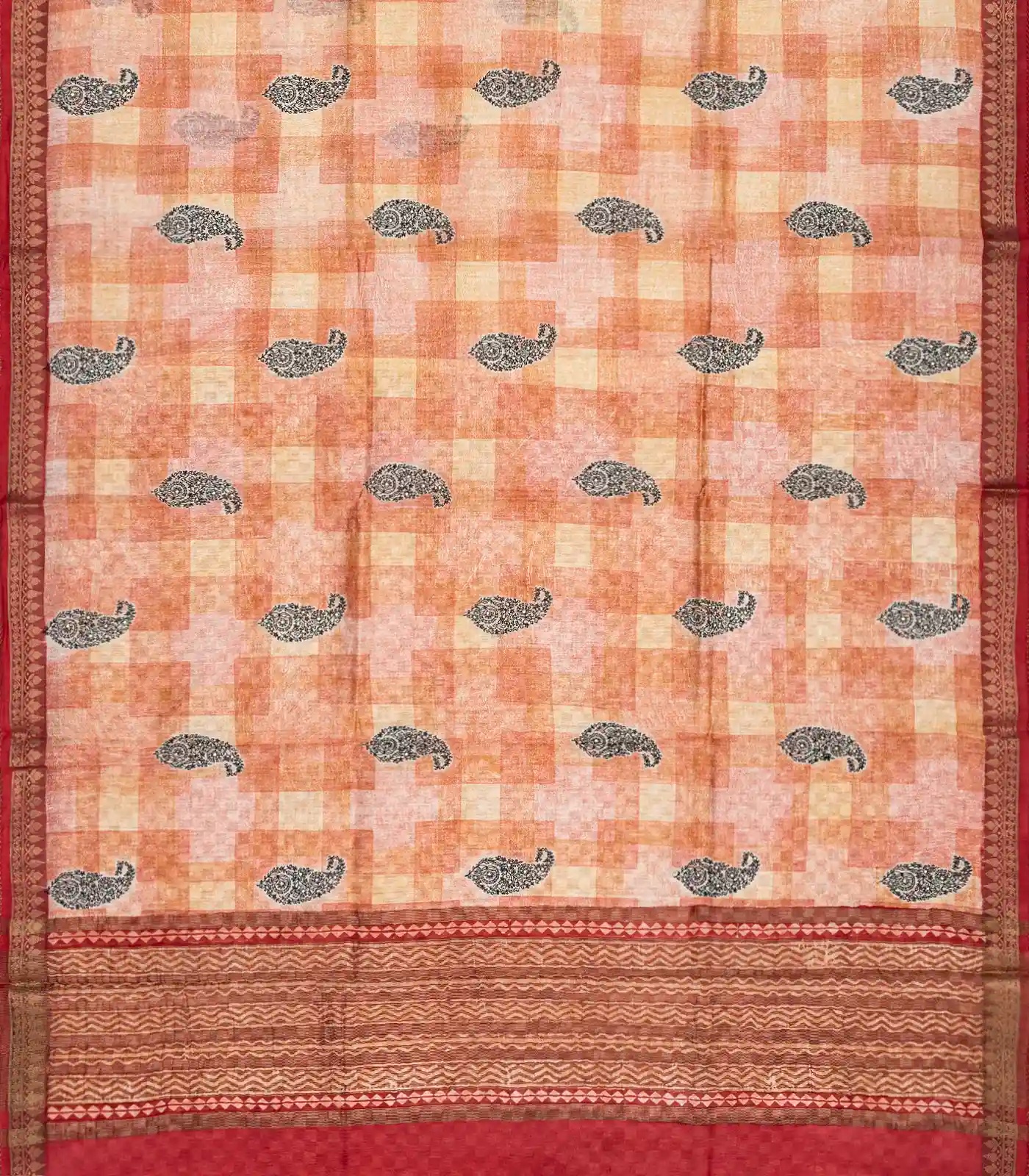 Peach Handloom Tussar Silk Saree Printed With Checks & Mango Motifs