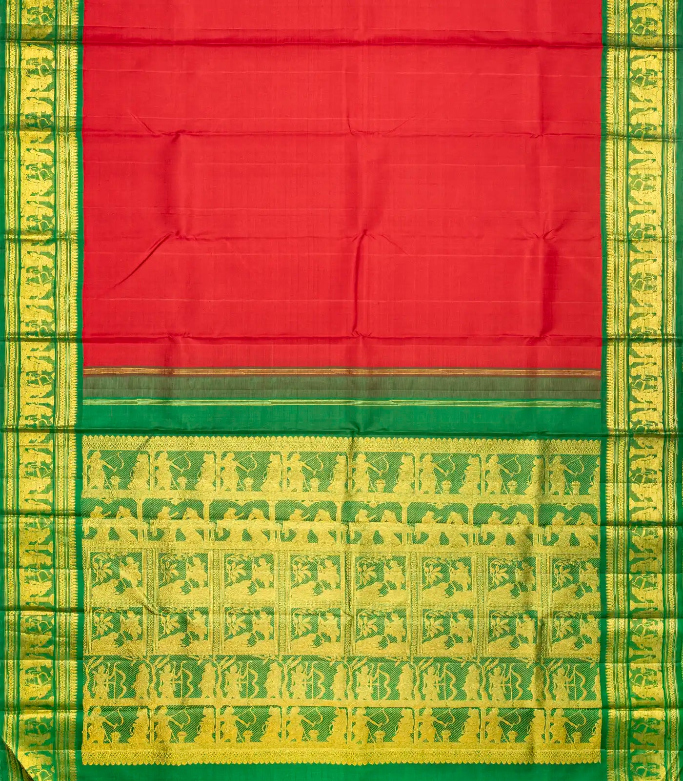 Crimson Handloom Kanchipuram Korvai Silk Saree With Lord Ram Motifs