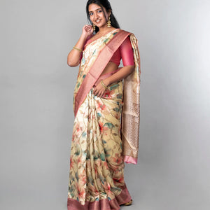 Cream Woven Dola Synthetic Saree With Printed Floral Motifs