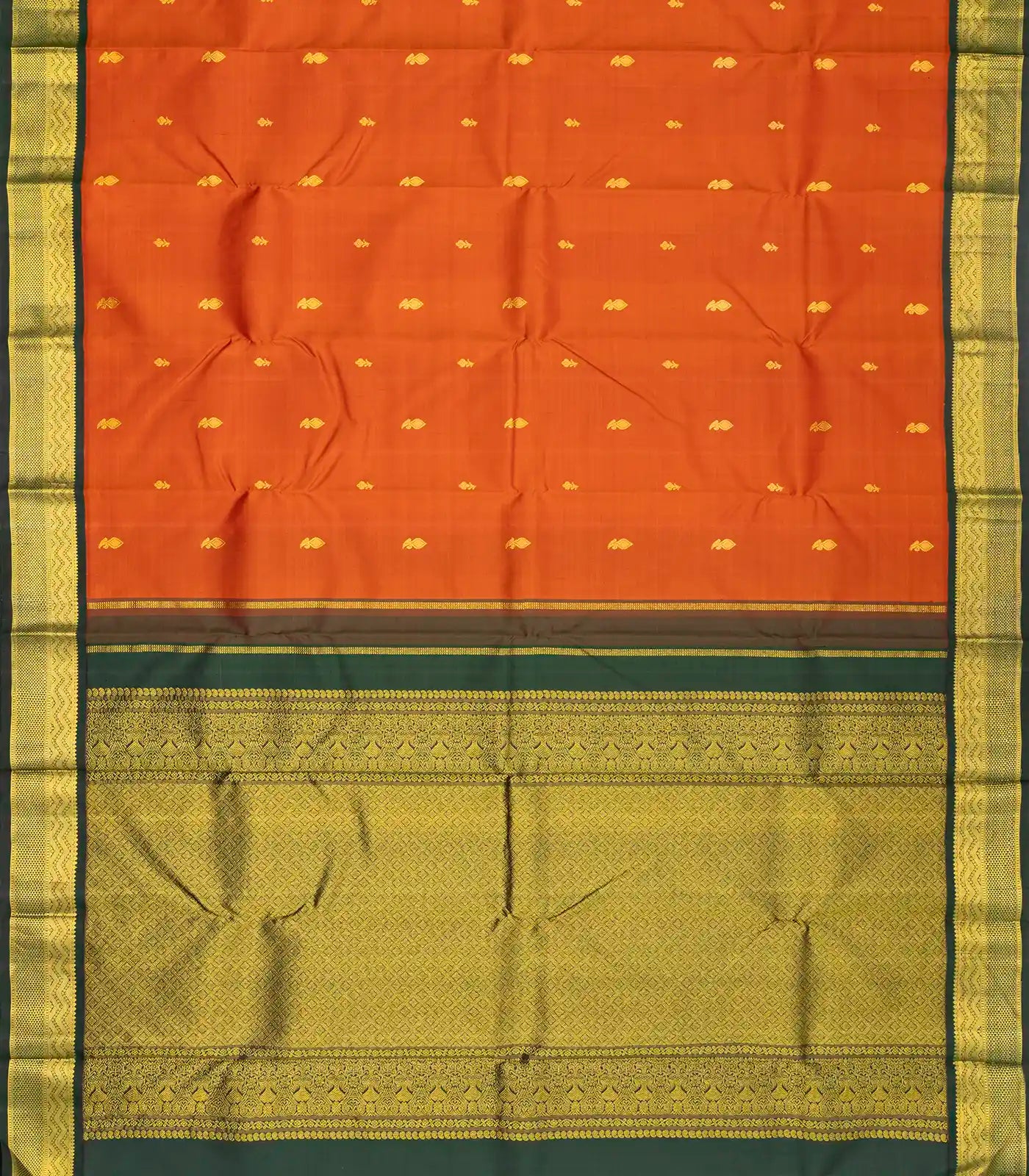 Rust Handloom Kanchipuram Korvai Silk Saree With Floral Buttas