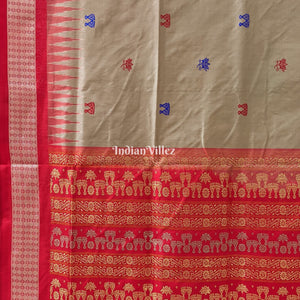 Bronze Pastel & Red Laxmi Pada & Lotus Motif Bomkai Saree