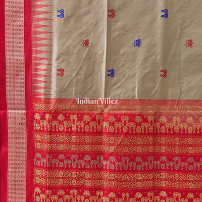 Bronze Pastel & Red Laxmi Pada & Lotus Motif Bomkai Saree