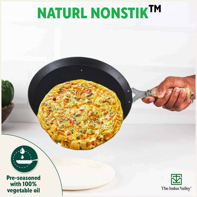100% Pure Sheet Iron Tawa, Wooden Handle, Seasoned, Toxin-free, Induction, 26cm, 1kg