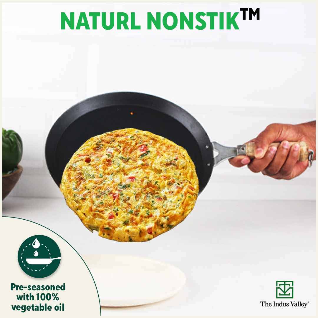 100% Pure Sheet Iron Tawa, Wooden Handle, Seasoned, Toxin-free, Induction, 26cm, 1kg