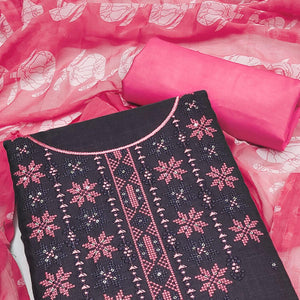 Charcoal Floral Embroidered Cotton Blend Dress Material