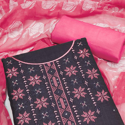 Charcoal Floral Embroidered Cotton Blend Dress Material