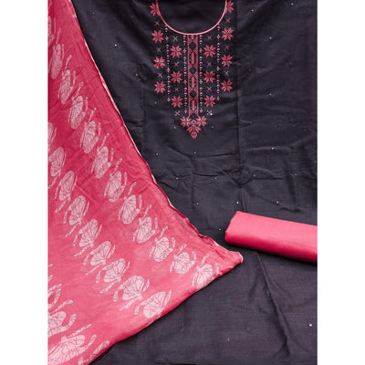 Charcoal Floral Embroidered Cotton Blend Dress Material