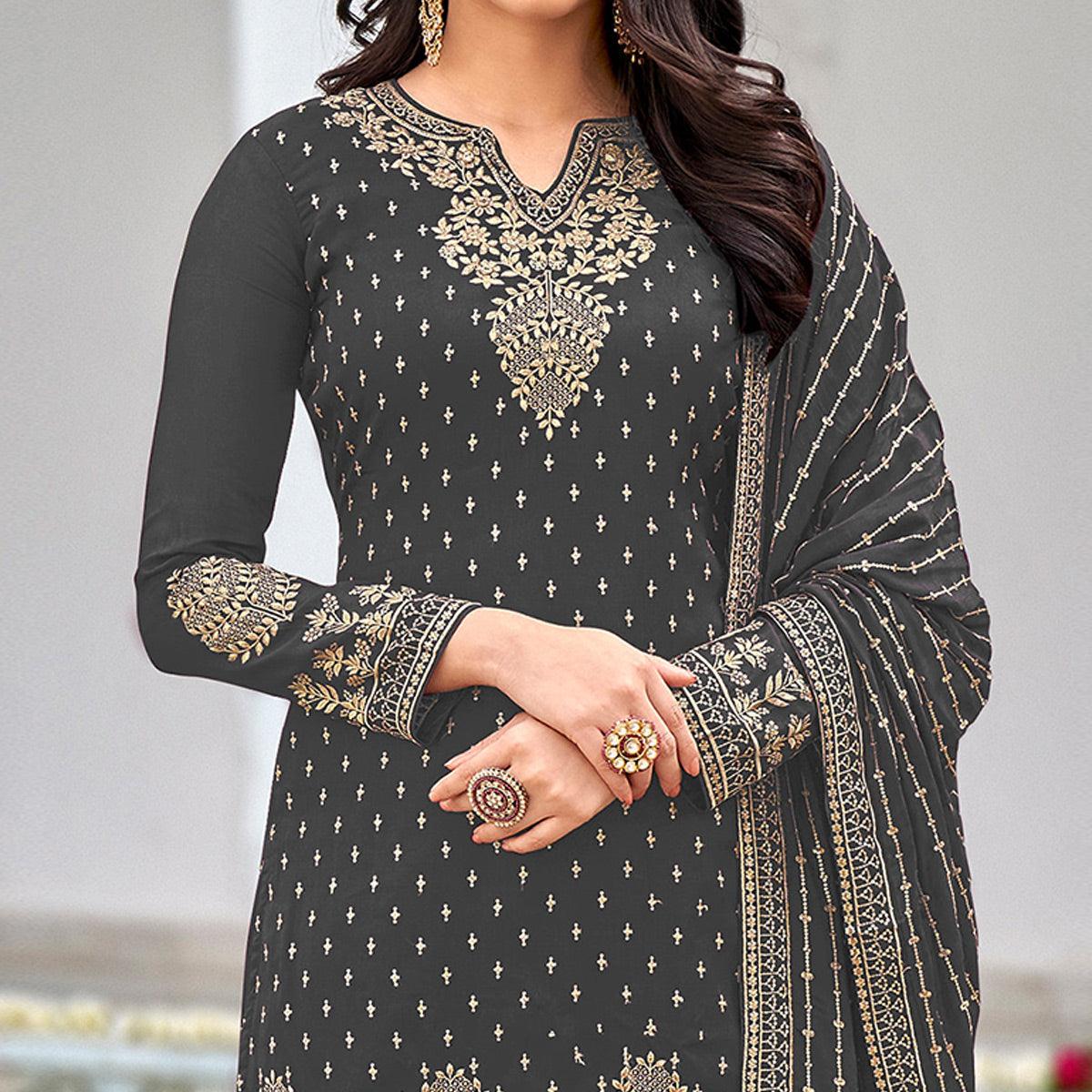Charcoal Grey Partywear Embroidery With Sequins Heavy Faux Georgette Salwar Suit
