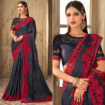Charcoal Grey Partywear Sequins Embroidered  Silk Saree