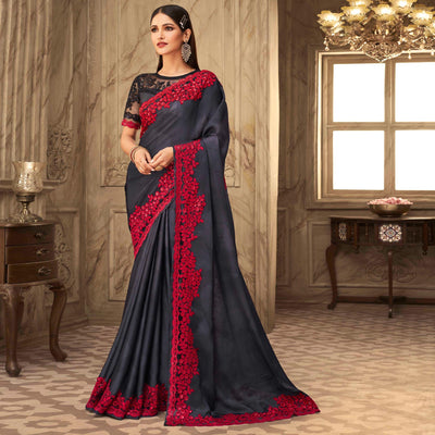 Charcoal Grey Partywear Sequins Embroidered  Silk Saree