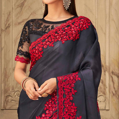 Charcoal Grey Partywear Sequins Embroidered  Silk Saree