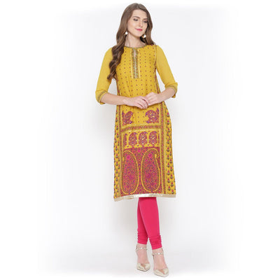 Charismatic Yellow Floral Printed Casual Wear Poly Muslin Kurti
