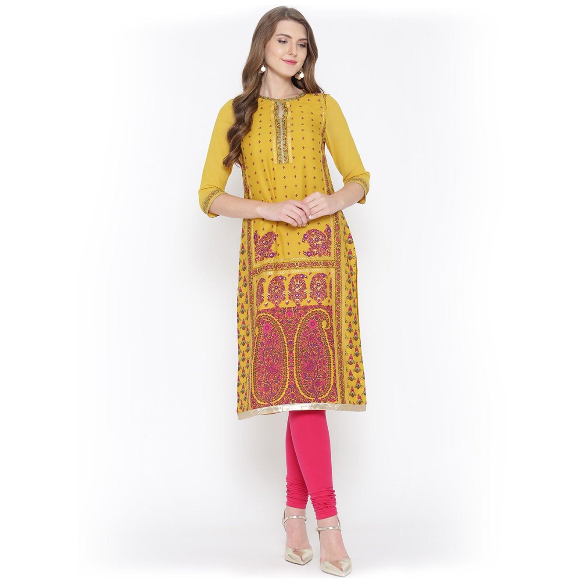 Charismatic Yellow Floral Printed Casual Wear Poly Muslin Kurti