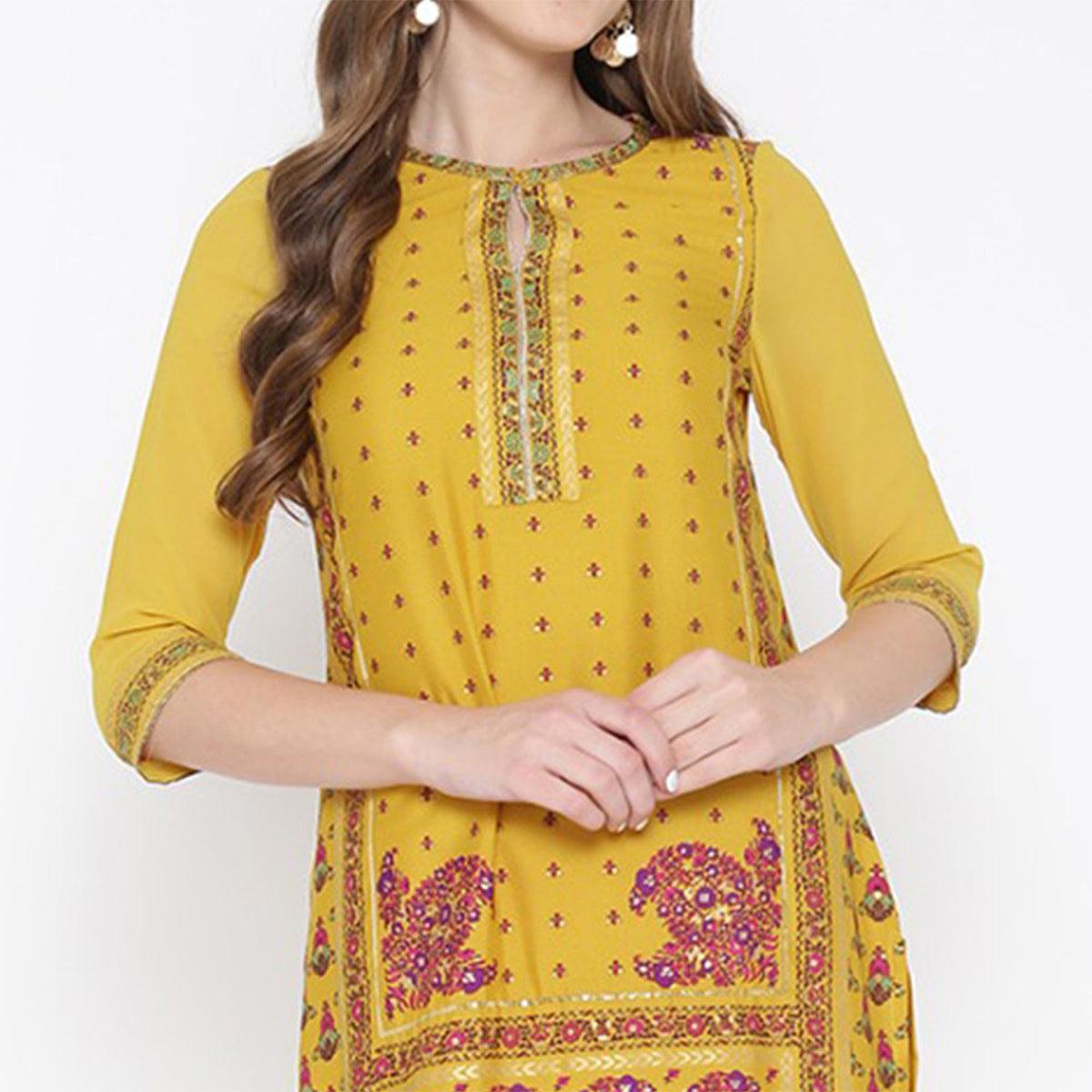 Charismatic Yellow Floral Printed Casual Wear Poly Muslin Kurti