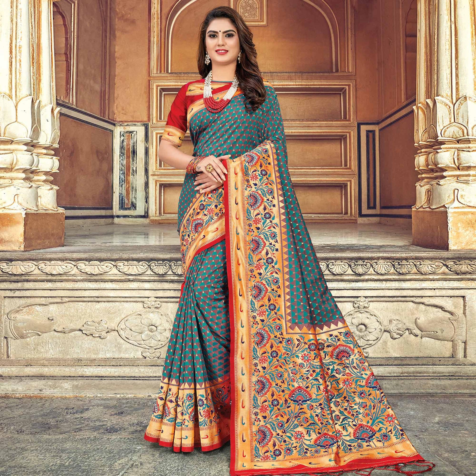 Charming Aqua Blue Colored Festive Wear Woven Silk Saree