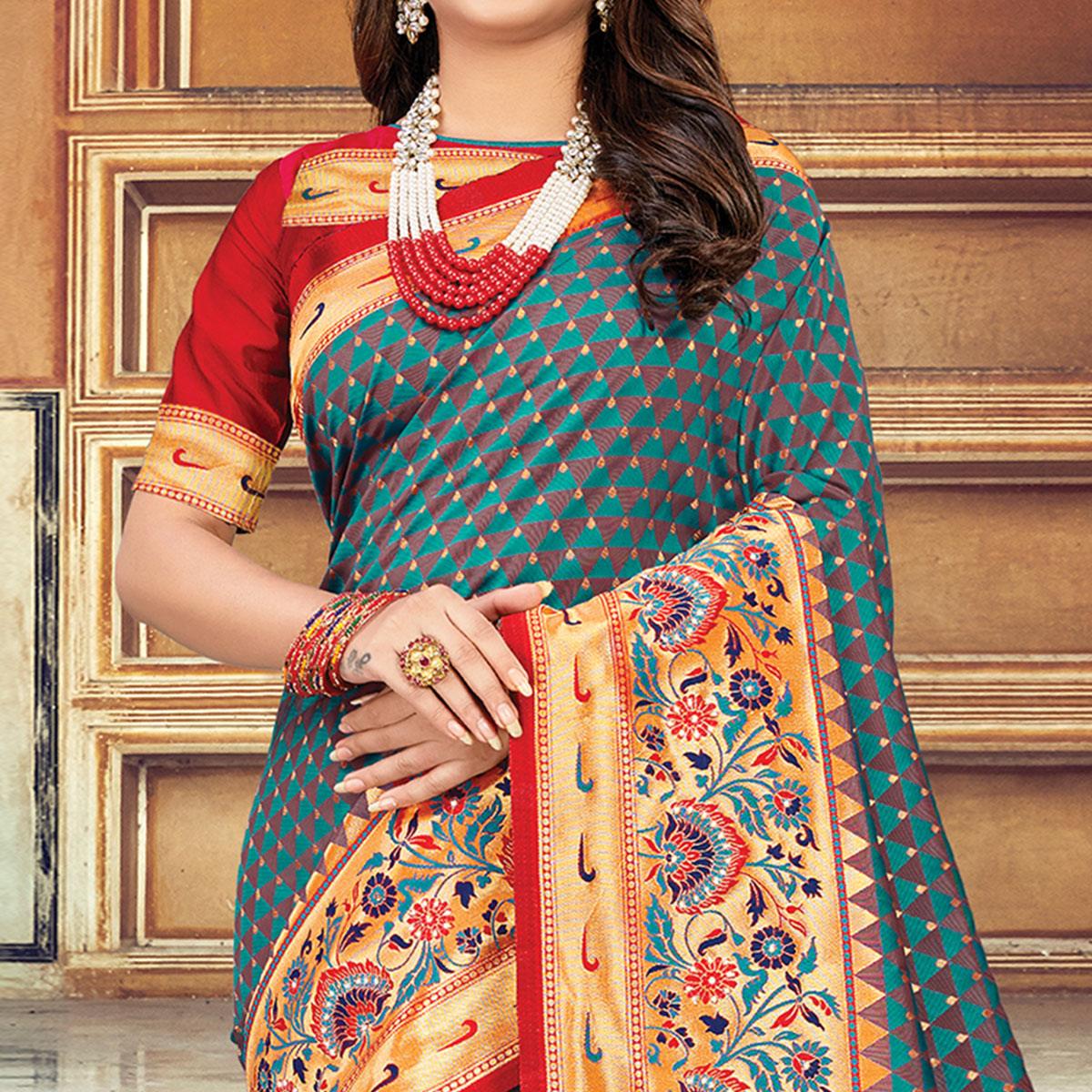 Charming Aqua Blue Colored Festive Wear Woven Silk Saree