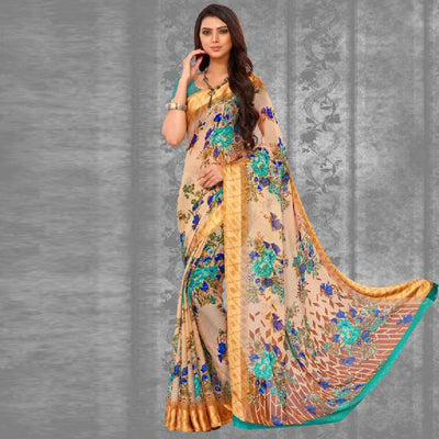 Charming Beige-Blue Colored Casual Wear Floral Printed Chiffon Saree