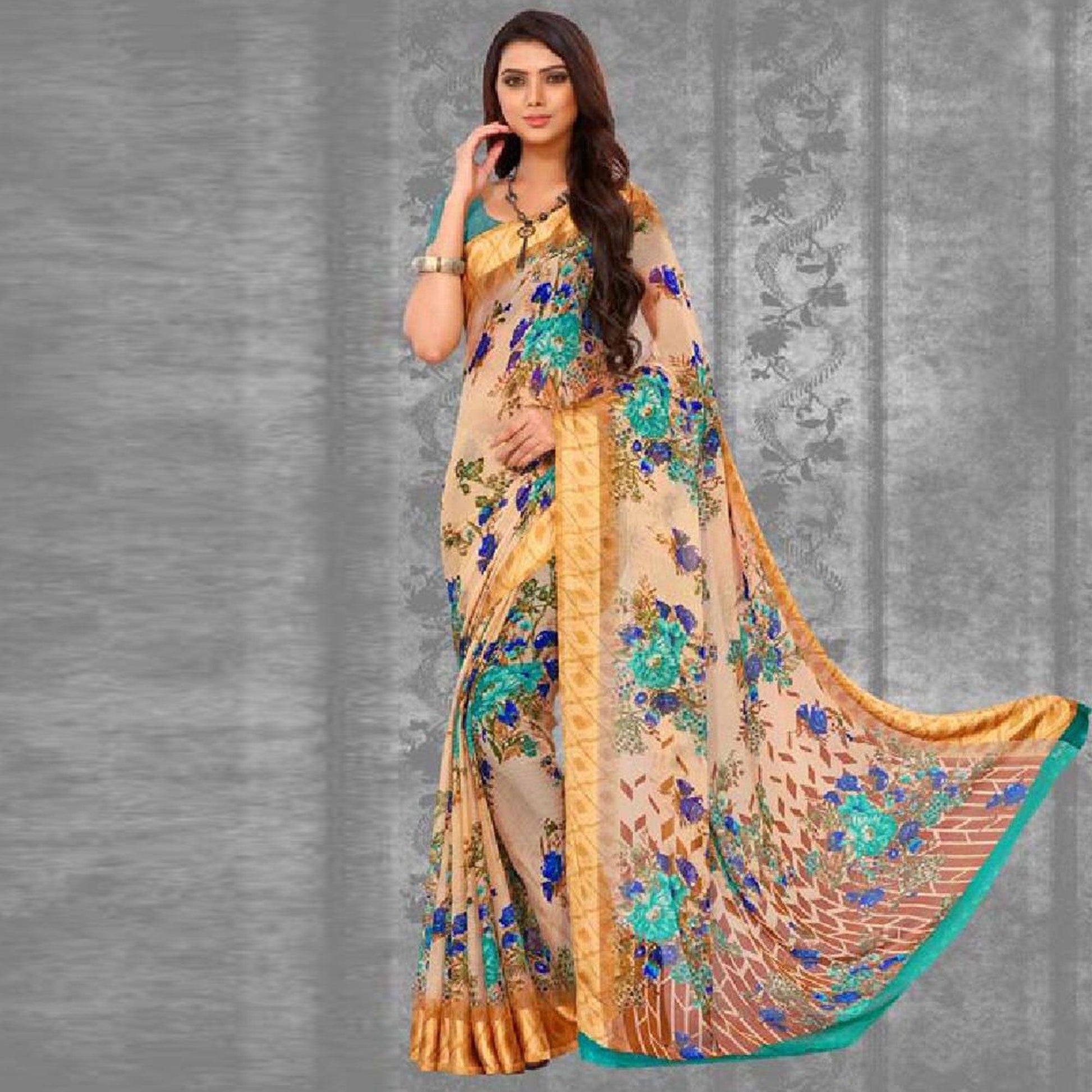 Charming Beige-Blue Colored Casual Wear Floral Printed Chiffon Saree