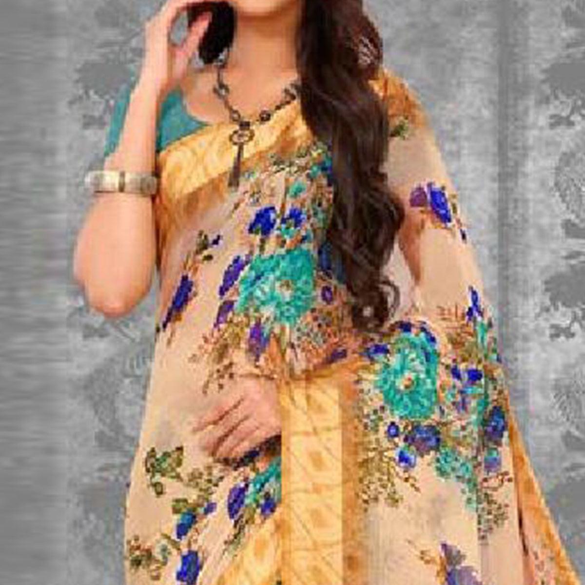 Charming Beige-Blue Colored Casual Wear Floral Printed Chiffon Saree