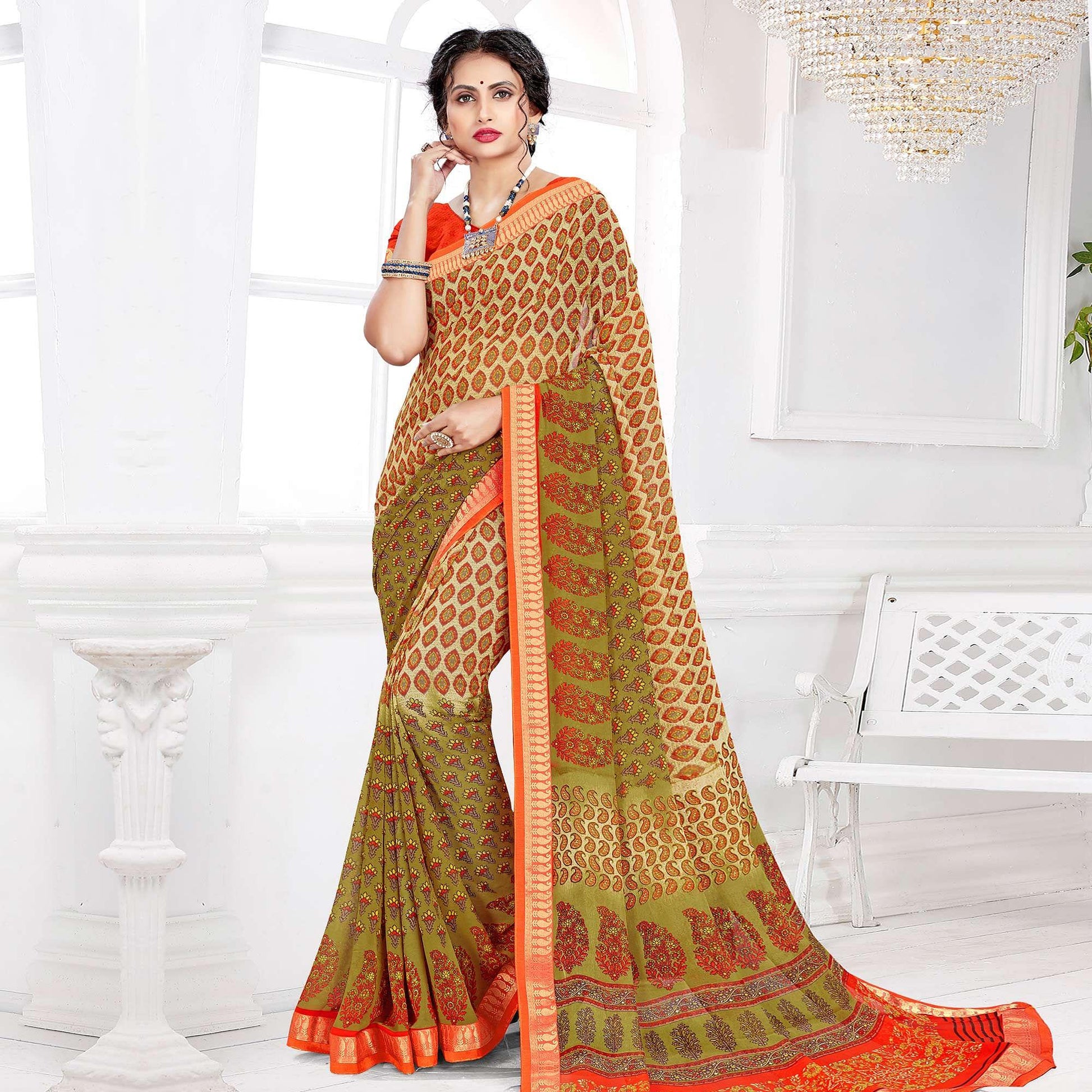 Charming Beige Colored Casual Wear Printed Georgette Saree