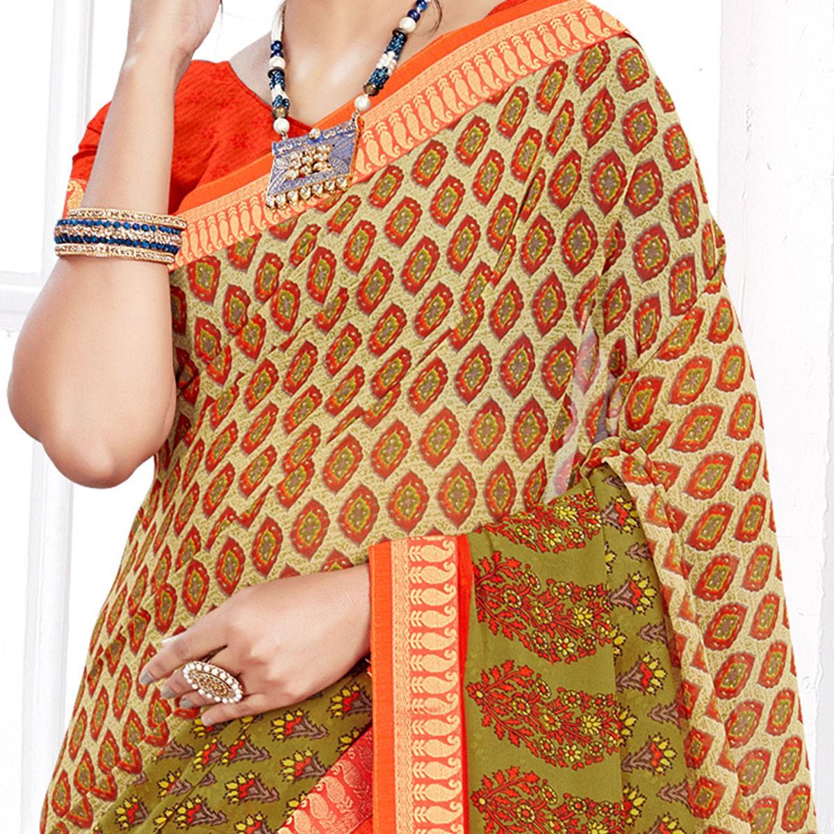 Charming Beige Colored Casual Wear Printed Georgette Saree