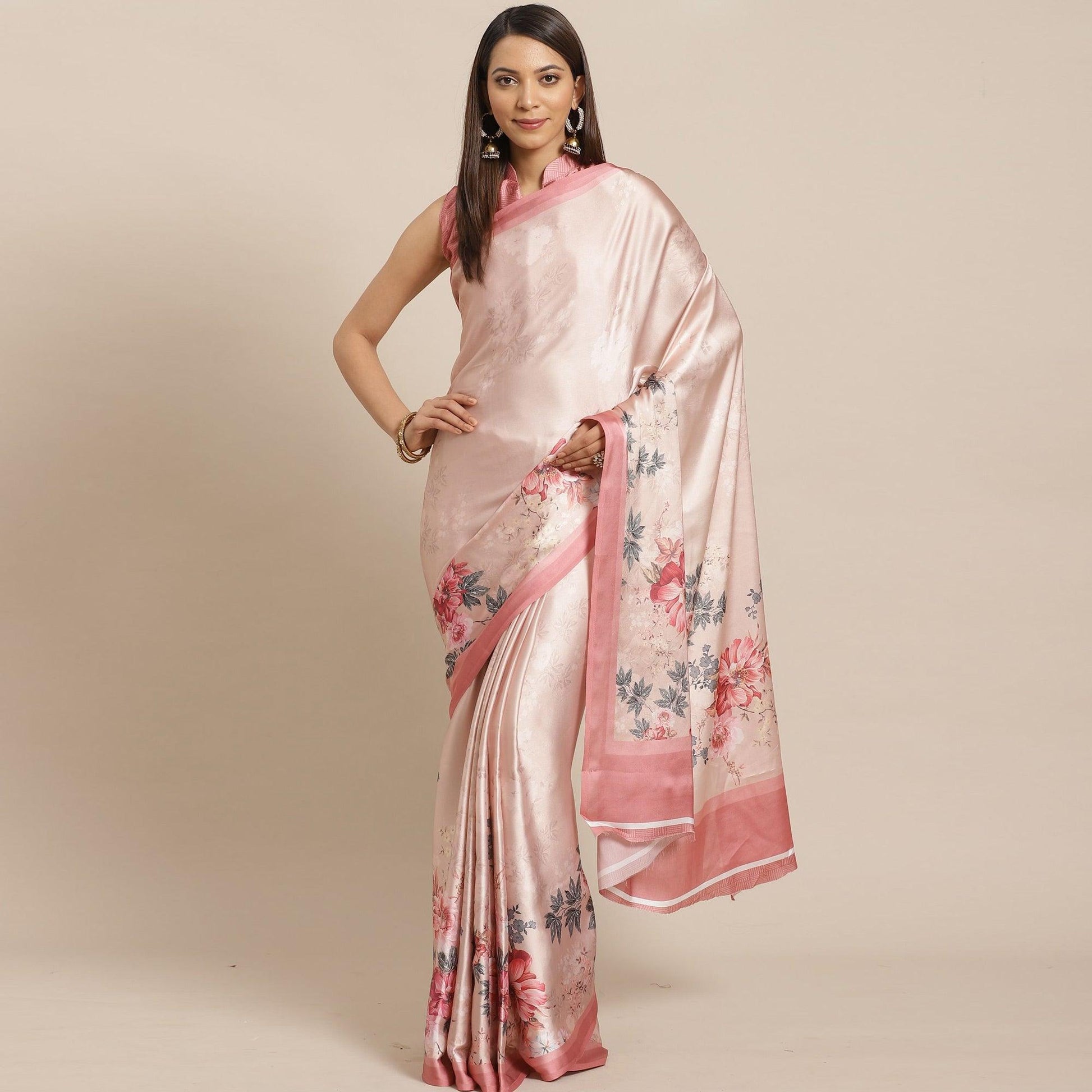 Charming Beige Colored Casual Wear Printed Satin Crepe Saree
