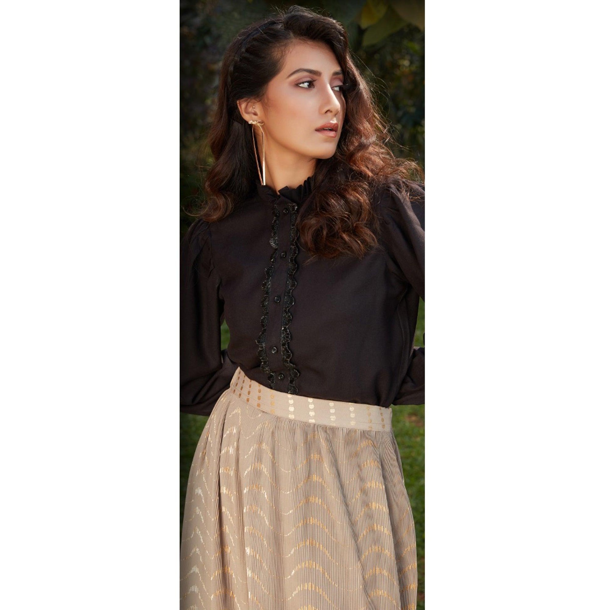 Charming Black-Beige Colored Casual Wear Printed Western Crop Top - Skirt Set