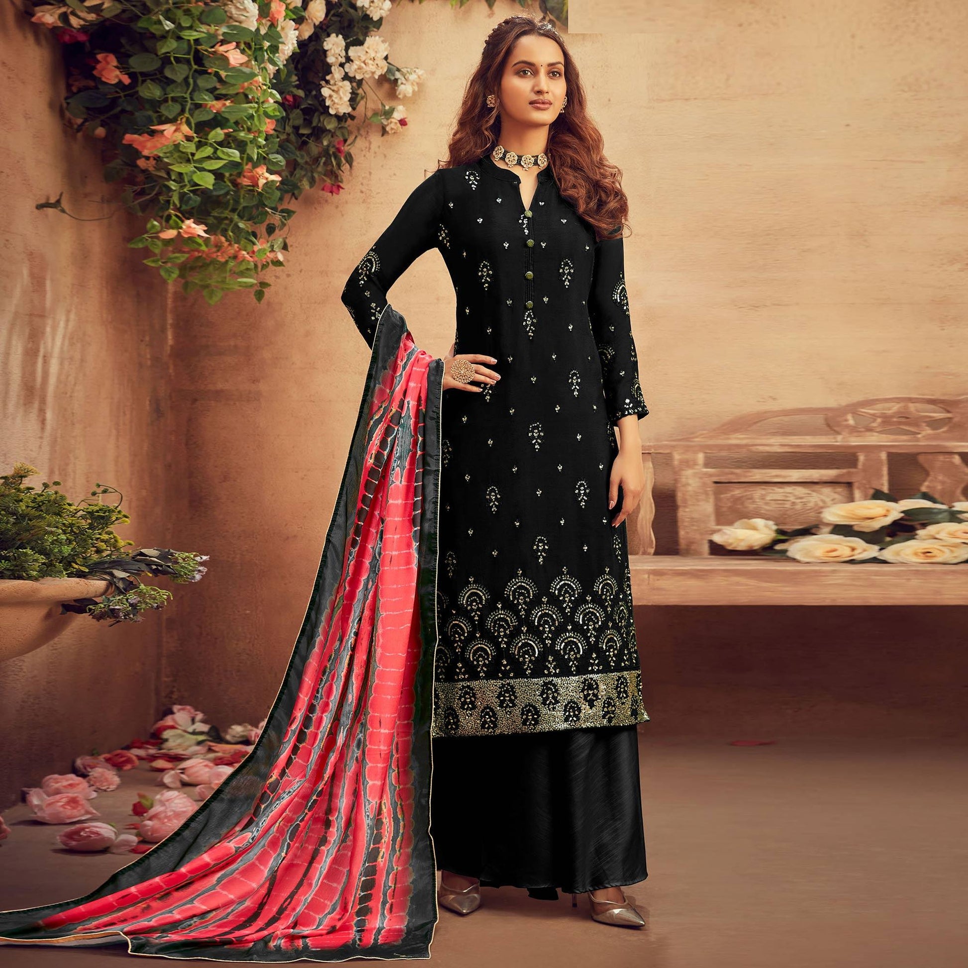 Charming Black Colored Embroidered Designer Partywear Heavy Faux Georgettesuit