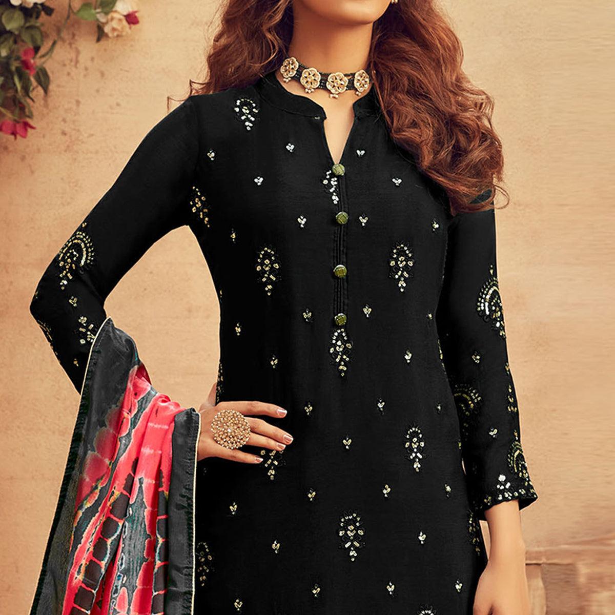 Charming Black Colored Embroidered Designer Partywear Heavy Faux Georgettesuit