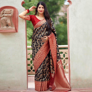 Charming Black Colored Festive Wear Woven Banarasi Silk Saree
