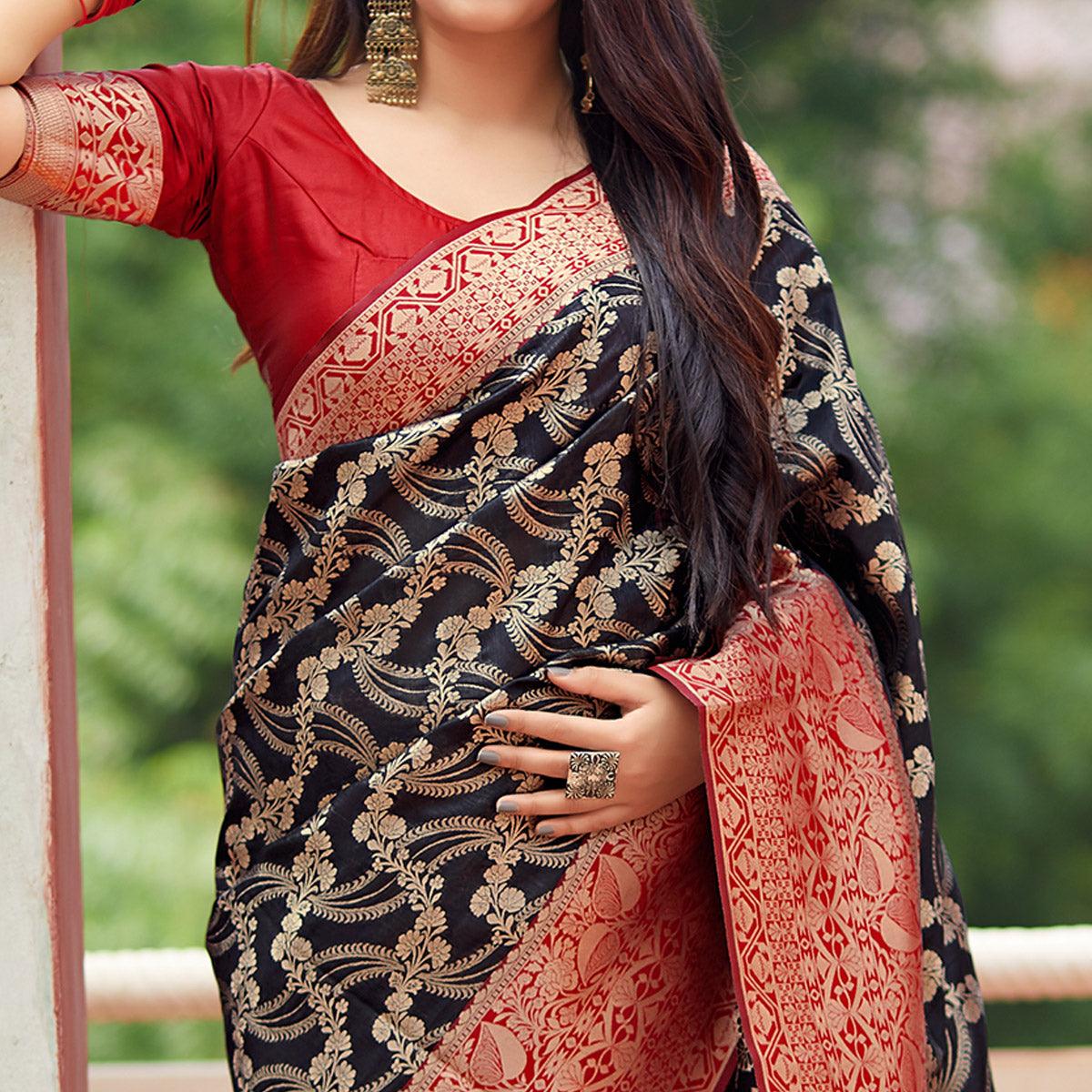 Charming Black Colored Festive Wear Woven Banarasi Silk Saree