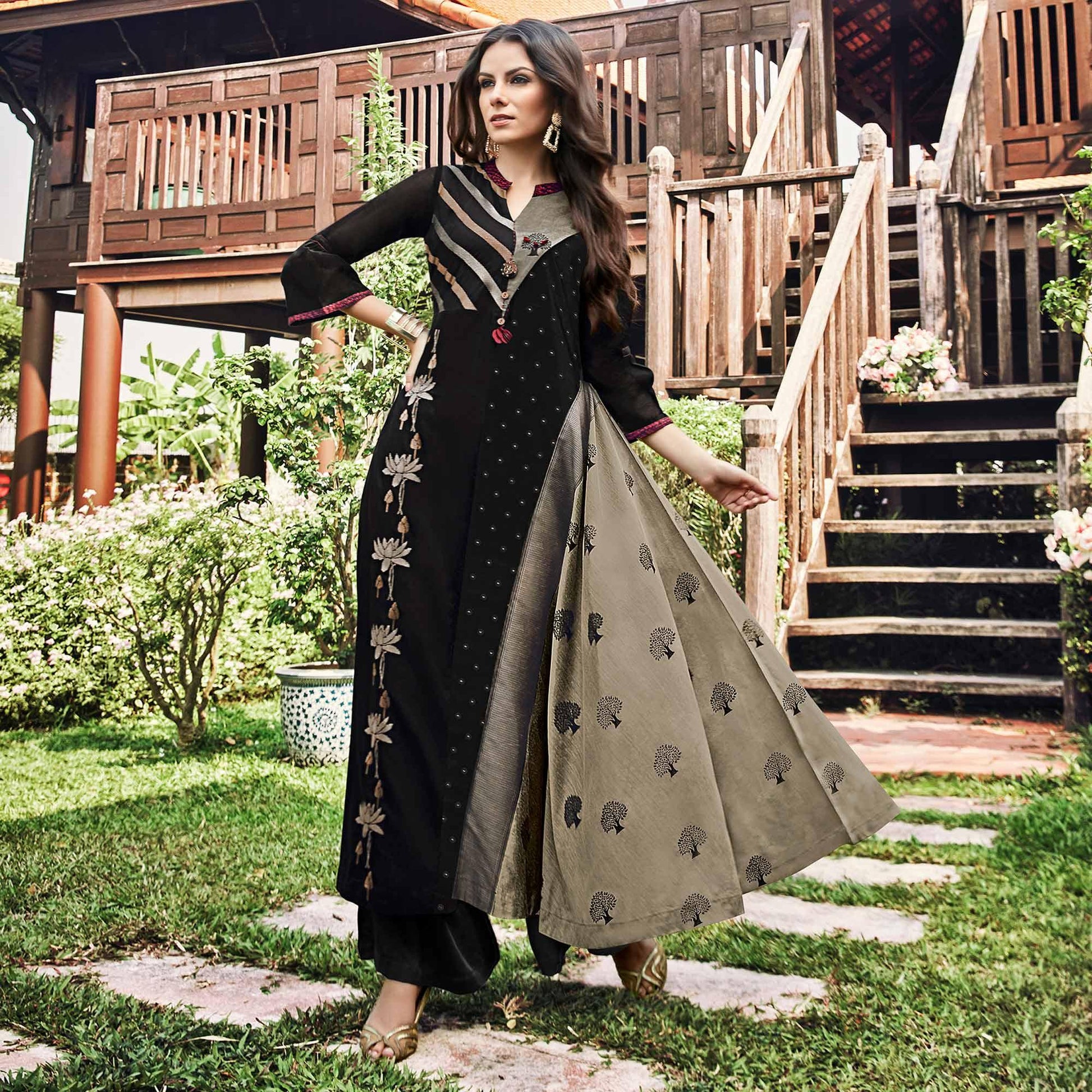 Charming Black Colored Party Wear Printed Modal-Jacquard Long Kurti