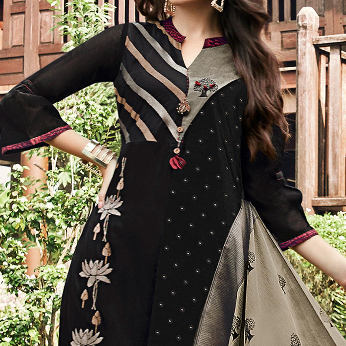 Charming Black Colored Party Wear Printed Modal-Jacquard Long Kurti