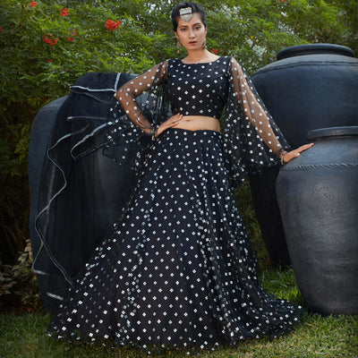 Charming Black Coloured Metallic Foil Printed Net Lehenga Choli