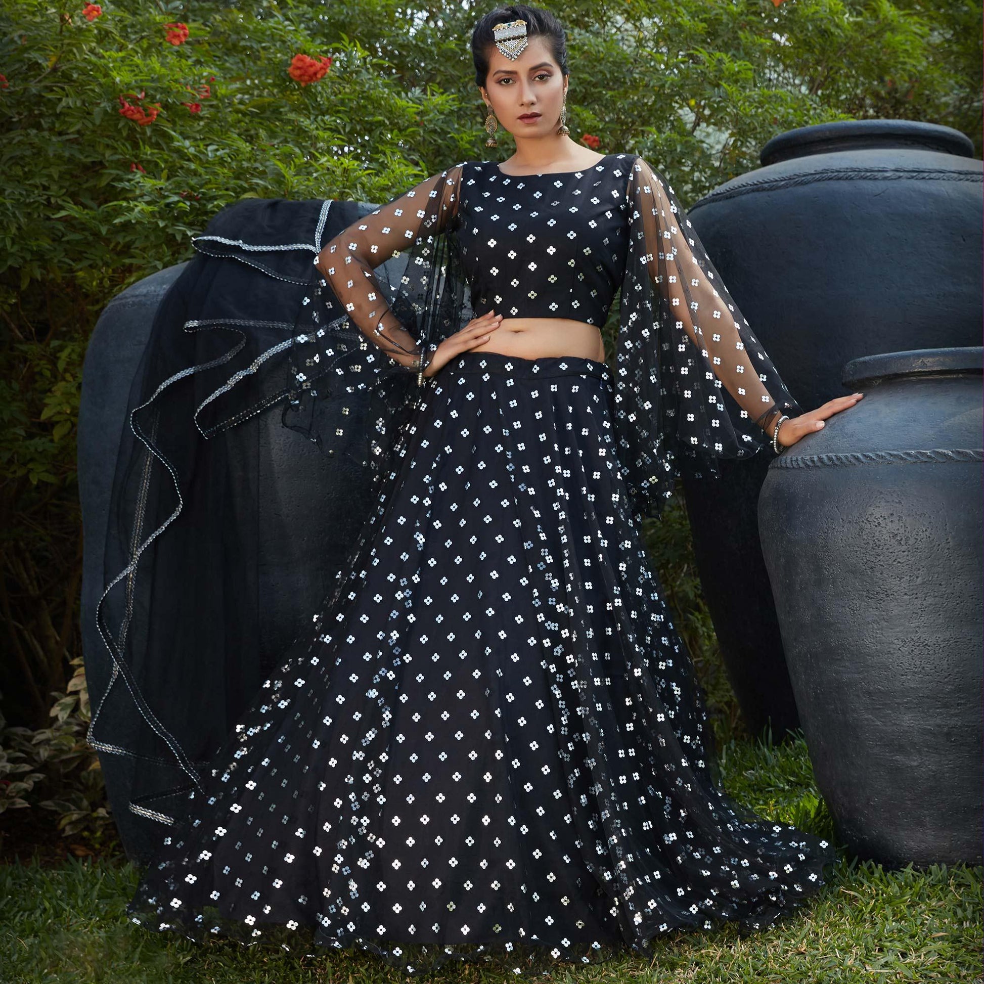 Charming Black Coloured Metallic Foil Printed Net Lehenga Choli