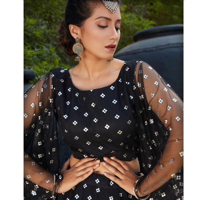 Charming Black Coloured Metallic Foil Printed Net Lehenga Choli