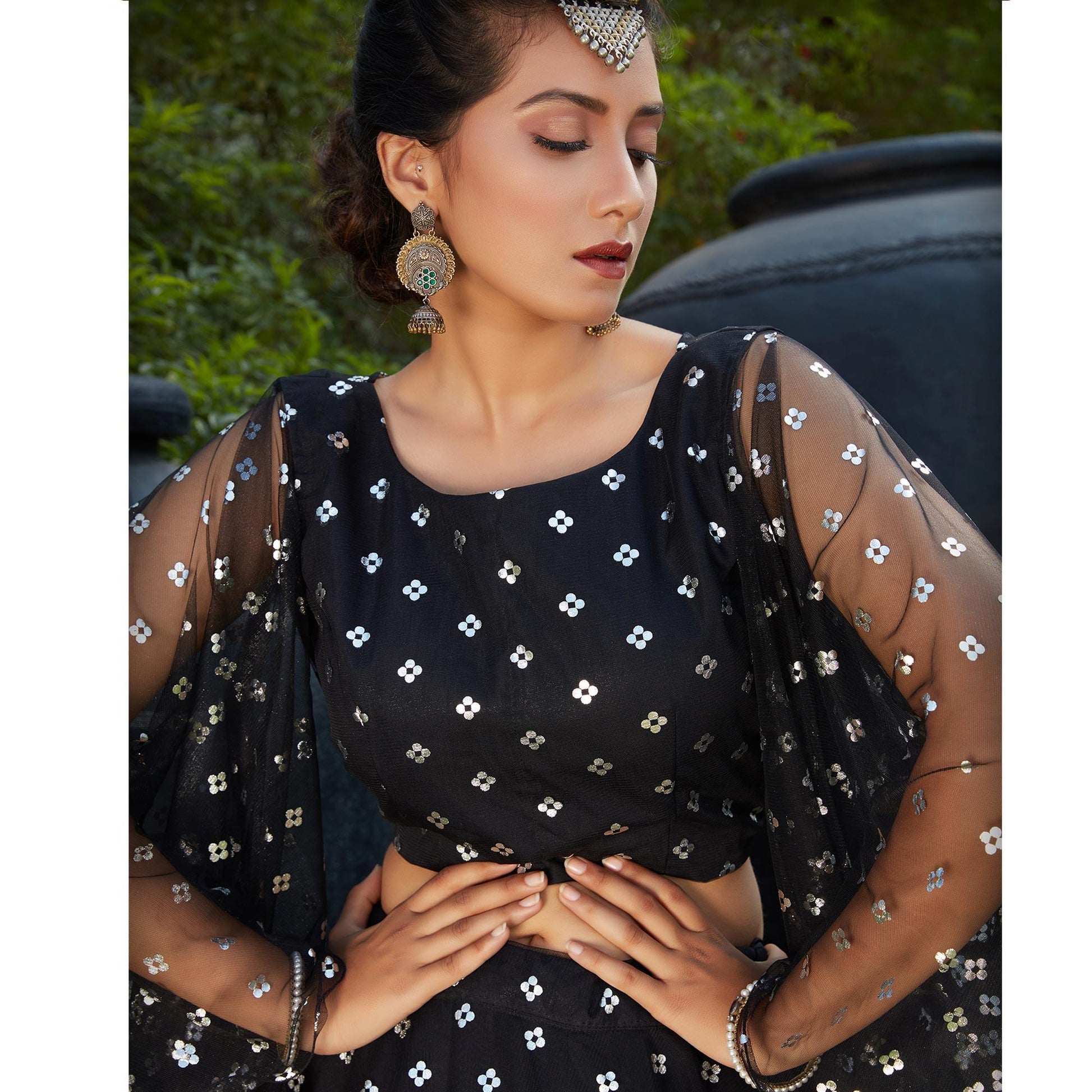 Charming Black Coloured Metallic Foil Printed Net Lehenga Choli