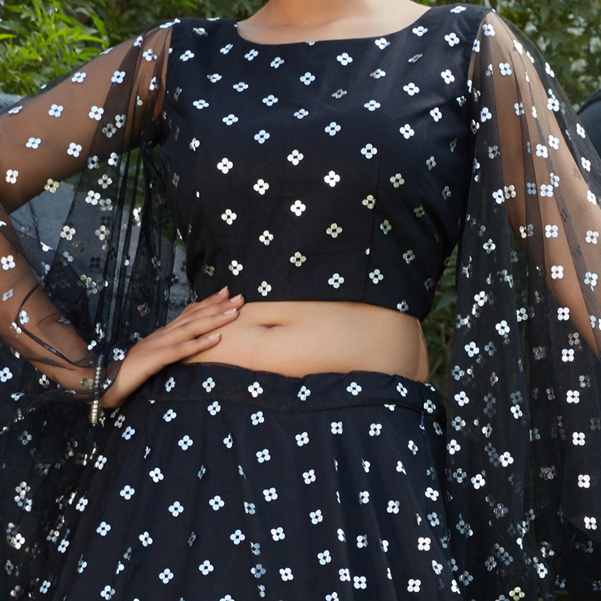Charming Black Coloured Metallic Foil Printed Net Lehenga Choli