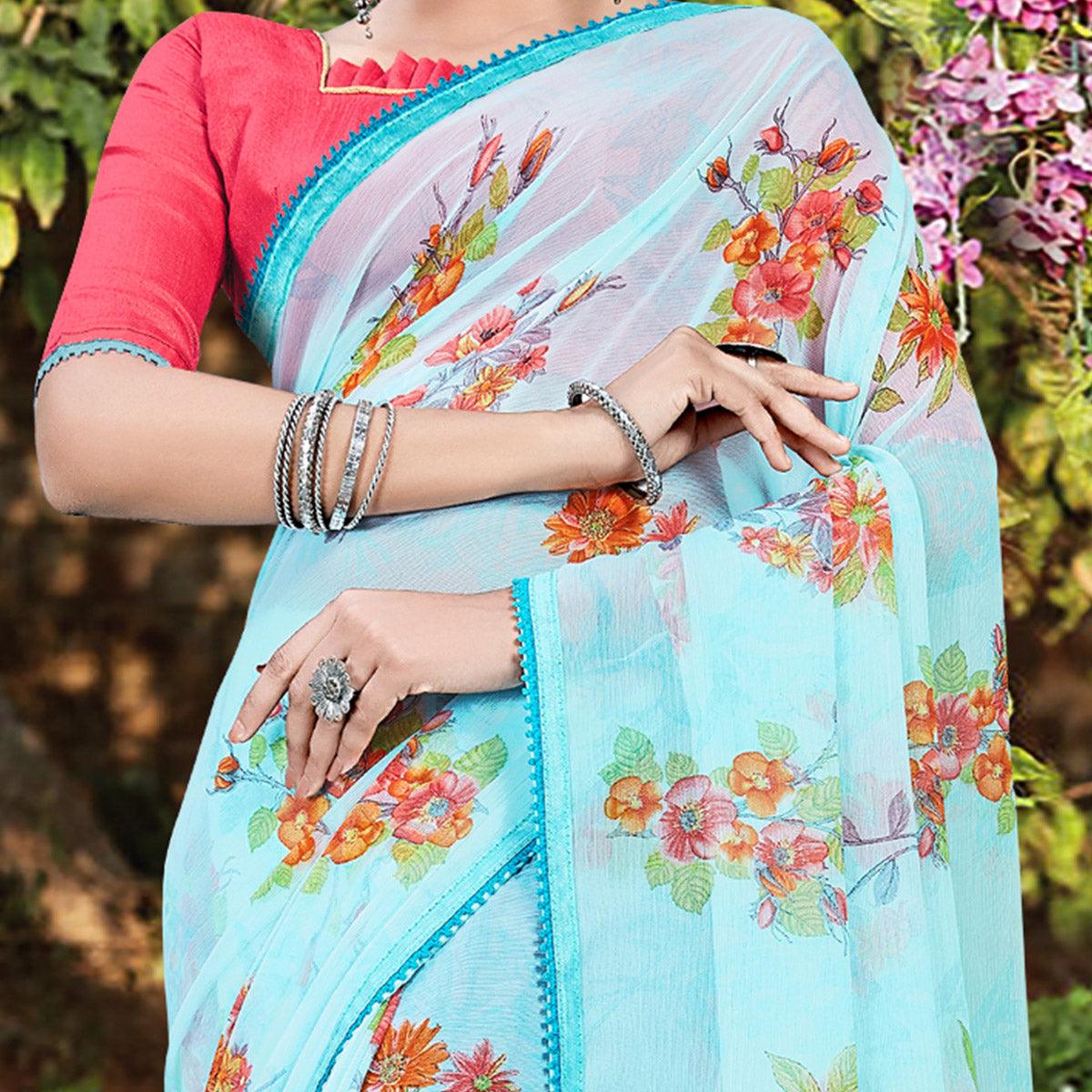 Charming Blue Colored Casual Wear Floral Printed Chiffon Saree