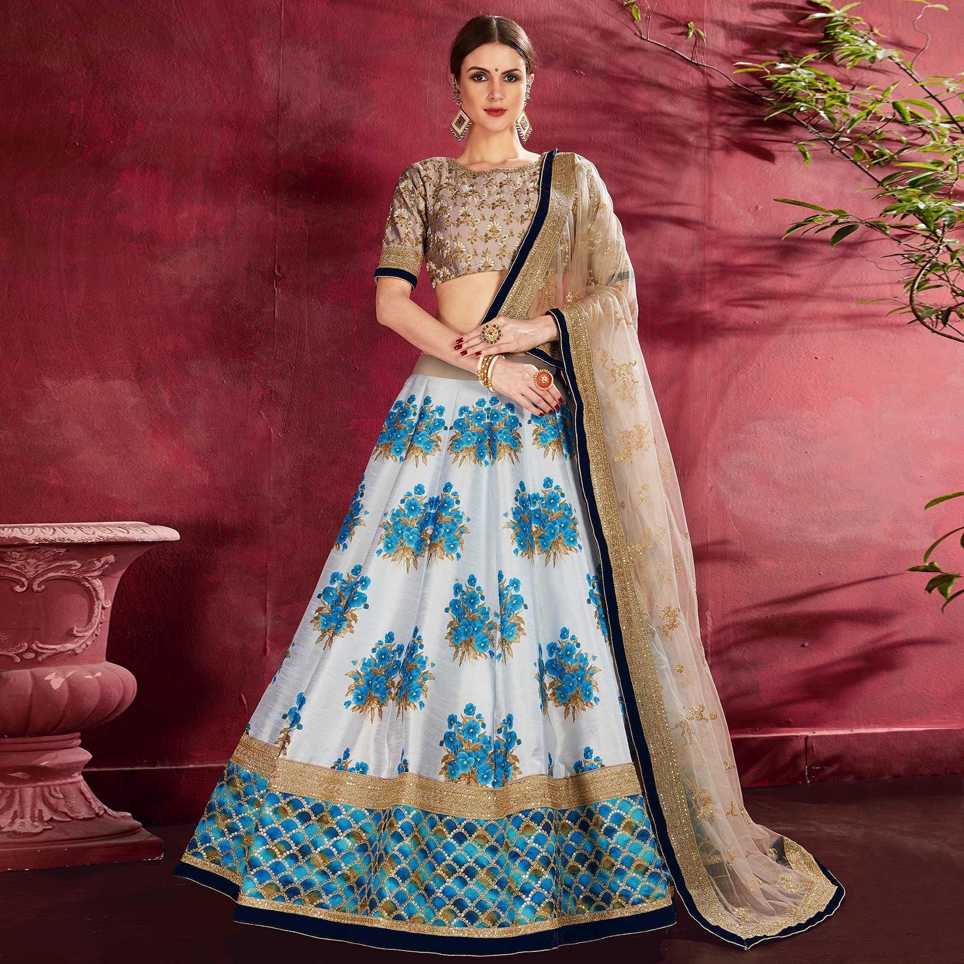 Charming Blue Colored Designer Digital Print And Embroidered Banglori Silk Lehenga Choli