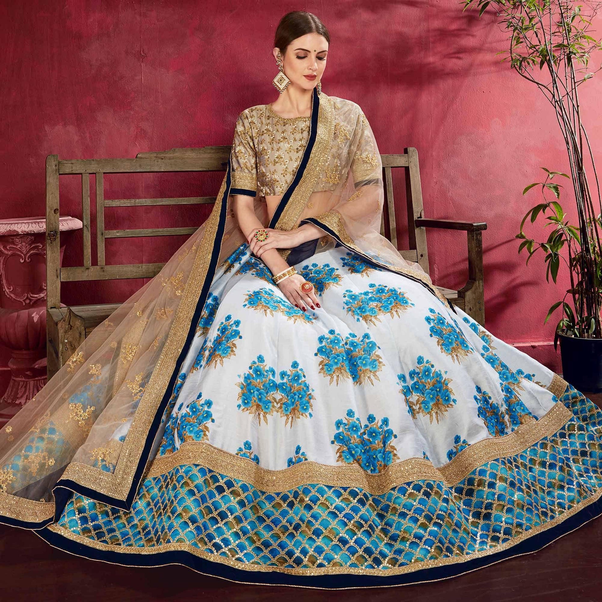 Charming Blue Colored Designer Digital Print And Embroidered Banglori Silk Lehenga Choli