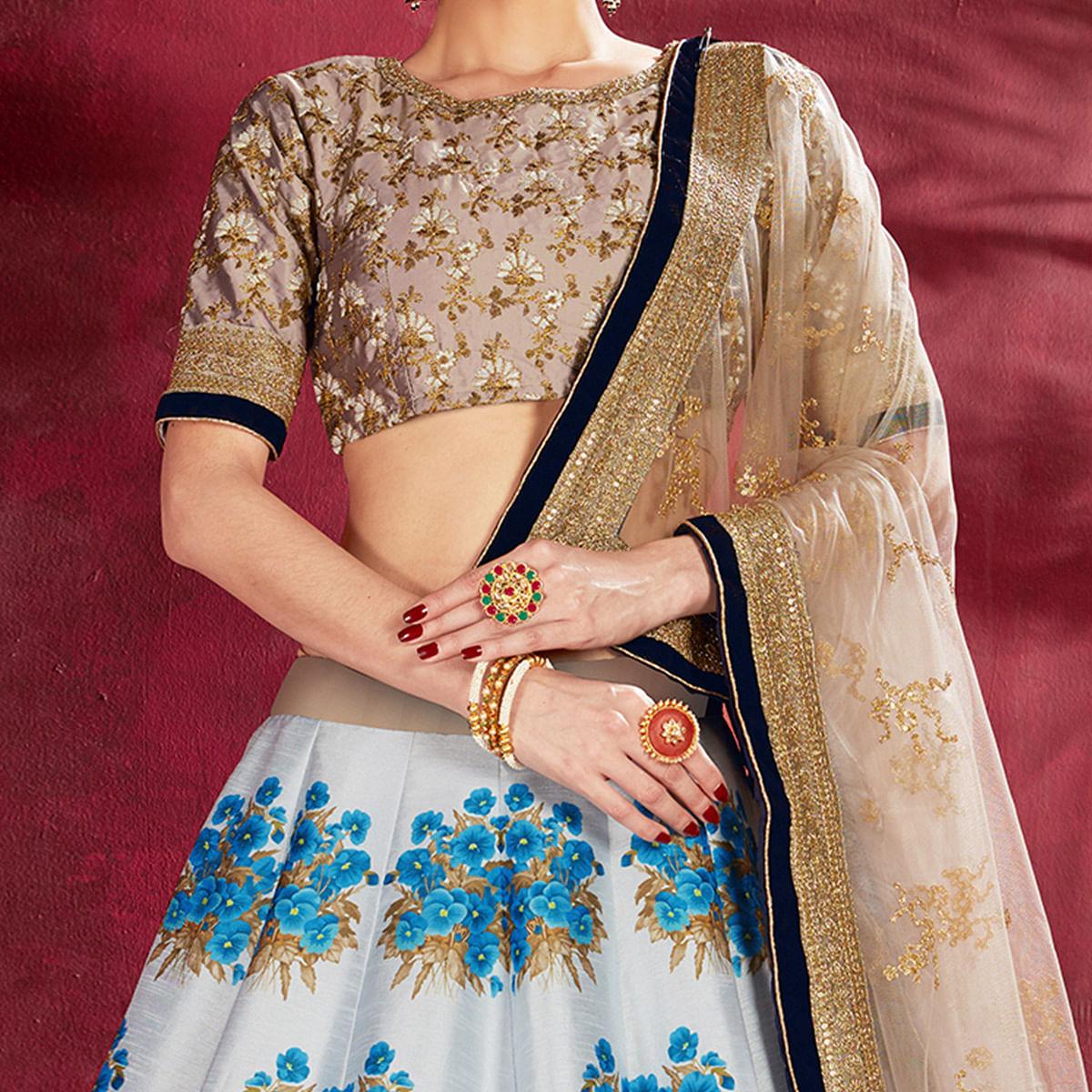 Charming Blue Colored Designer Digital Print And Embroidered Banglori Silk Lehenga Choli