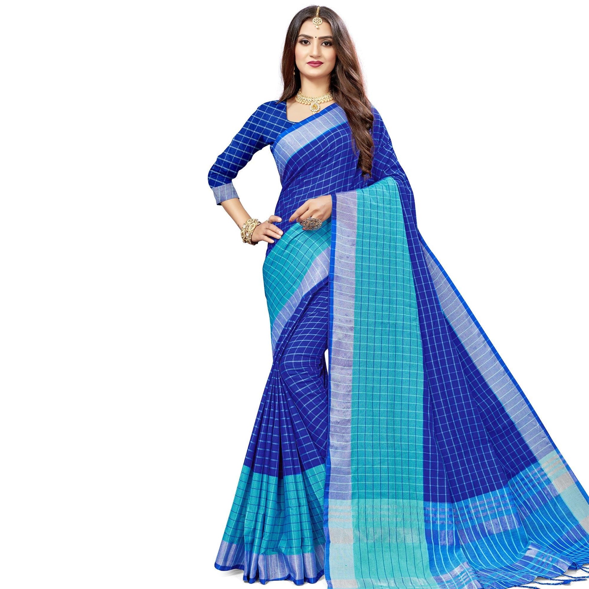 Charming Blue Colored Fesive Wear Checks Print Cotton Silk Saree With Tassels
