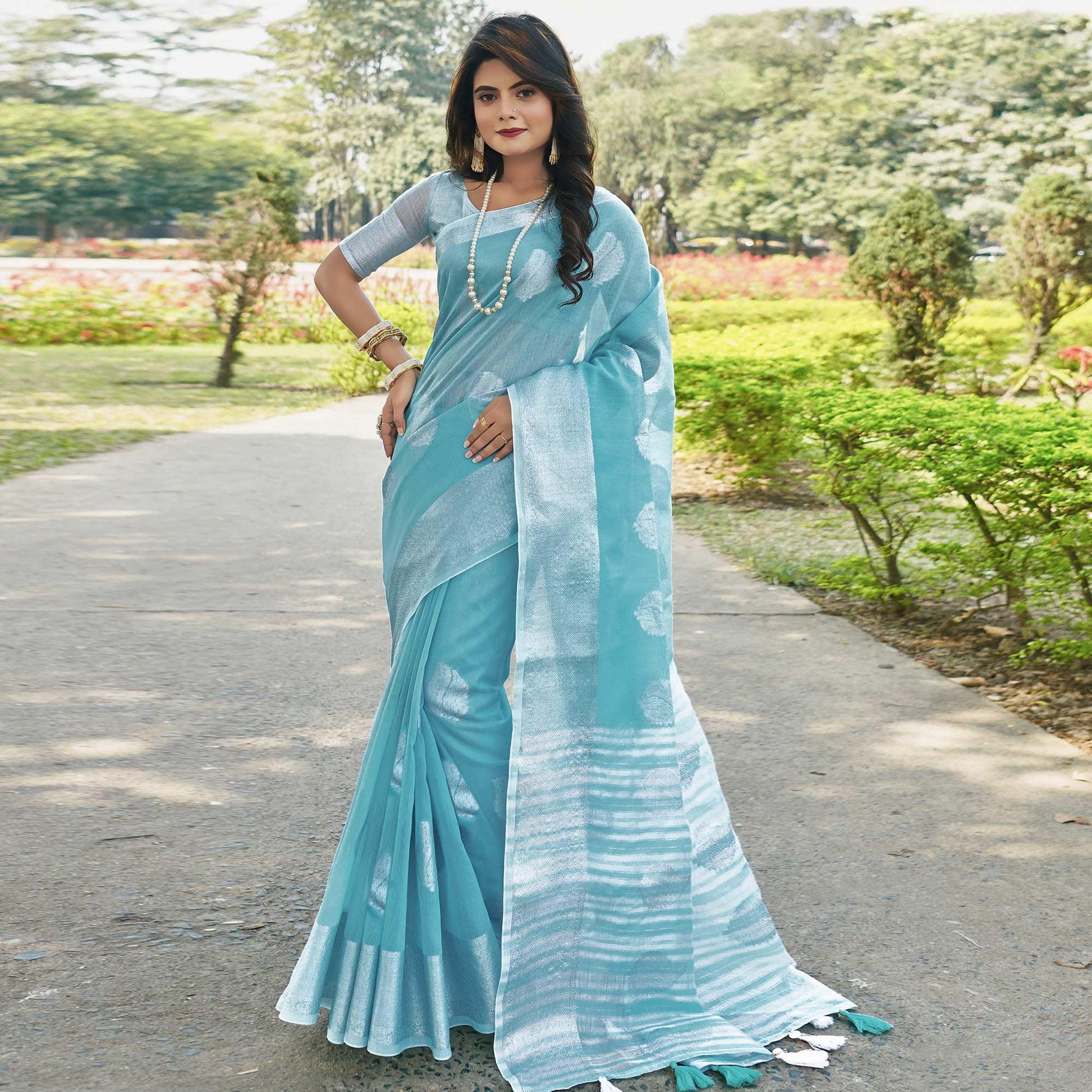 Charming Blue Colored Festive Wear Woven Linen Cotton Saree