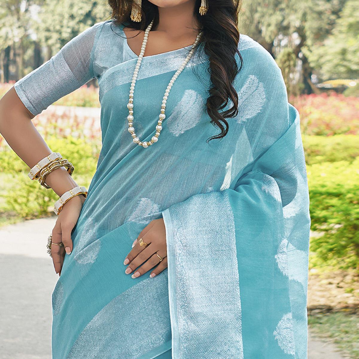 Charming Blue Colored Festive Wear Woven Linen Cotton Saree