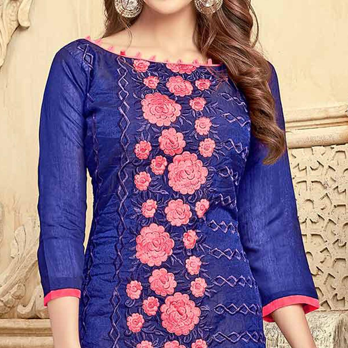 Charming Blue Colored Partywear Embroidered Chanderi Suit