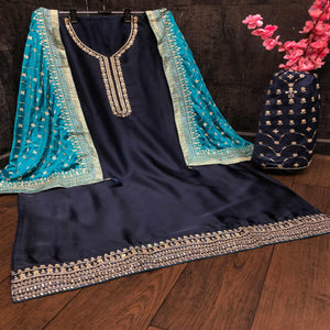 Charming Blue Colored Partywear Embroidered Satin Georgette Palazzo Suit