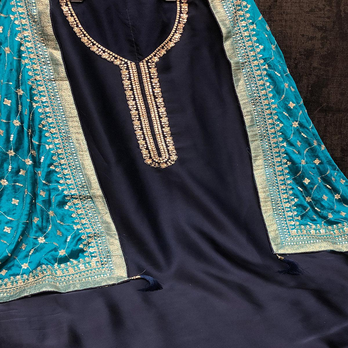 Charming Blue Colored Partywear Embroidered Satin Georgette Palazzo Suit